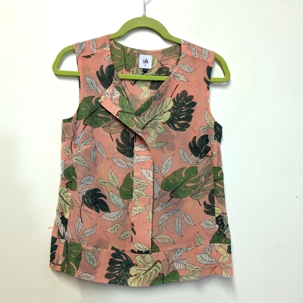 CABI Tropical Too Pink Monstera Leaf Blouse Sleeveless Pop over Chiffon Top XS